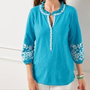 Talbots | Aqua Embroidered Tunic Top Coastal Resortwear Cruise Vacation Preppy S